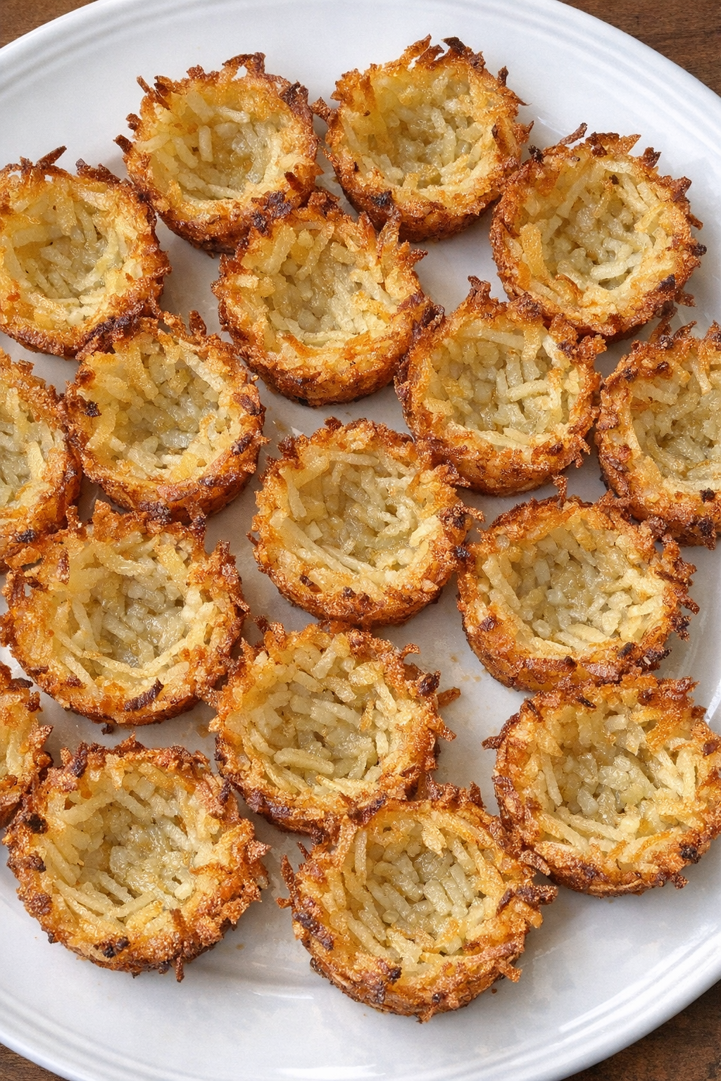 Golden crispy shredded potato nest cups on a white platter