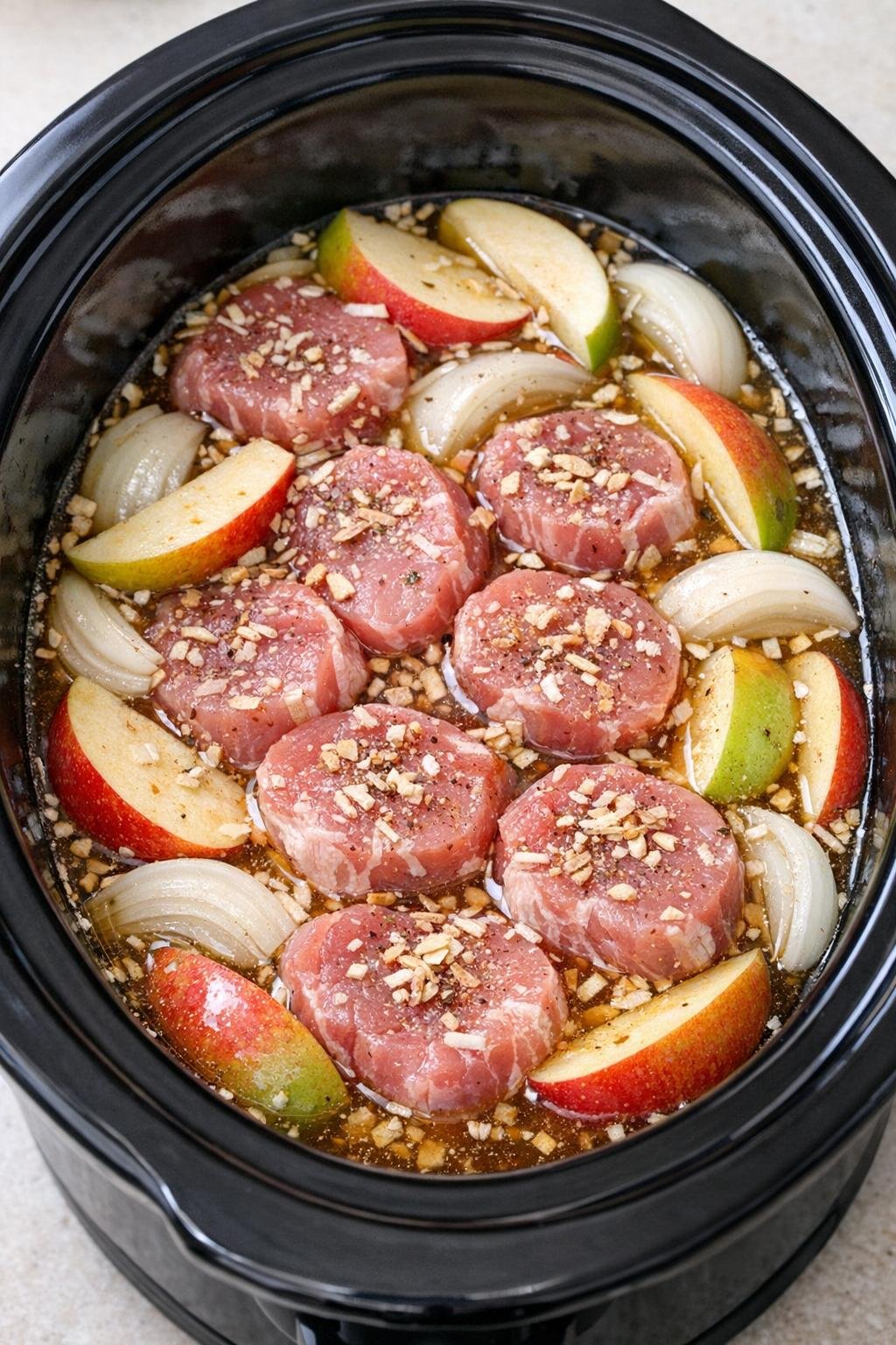 Uiensoepmix en appelcider toegevoegd aan de slowcooker.