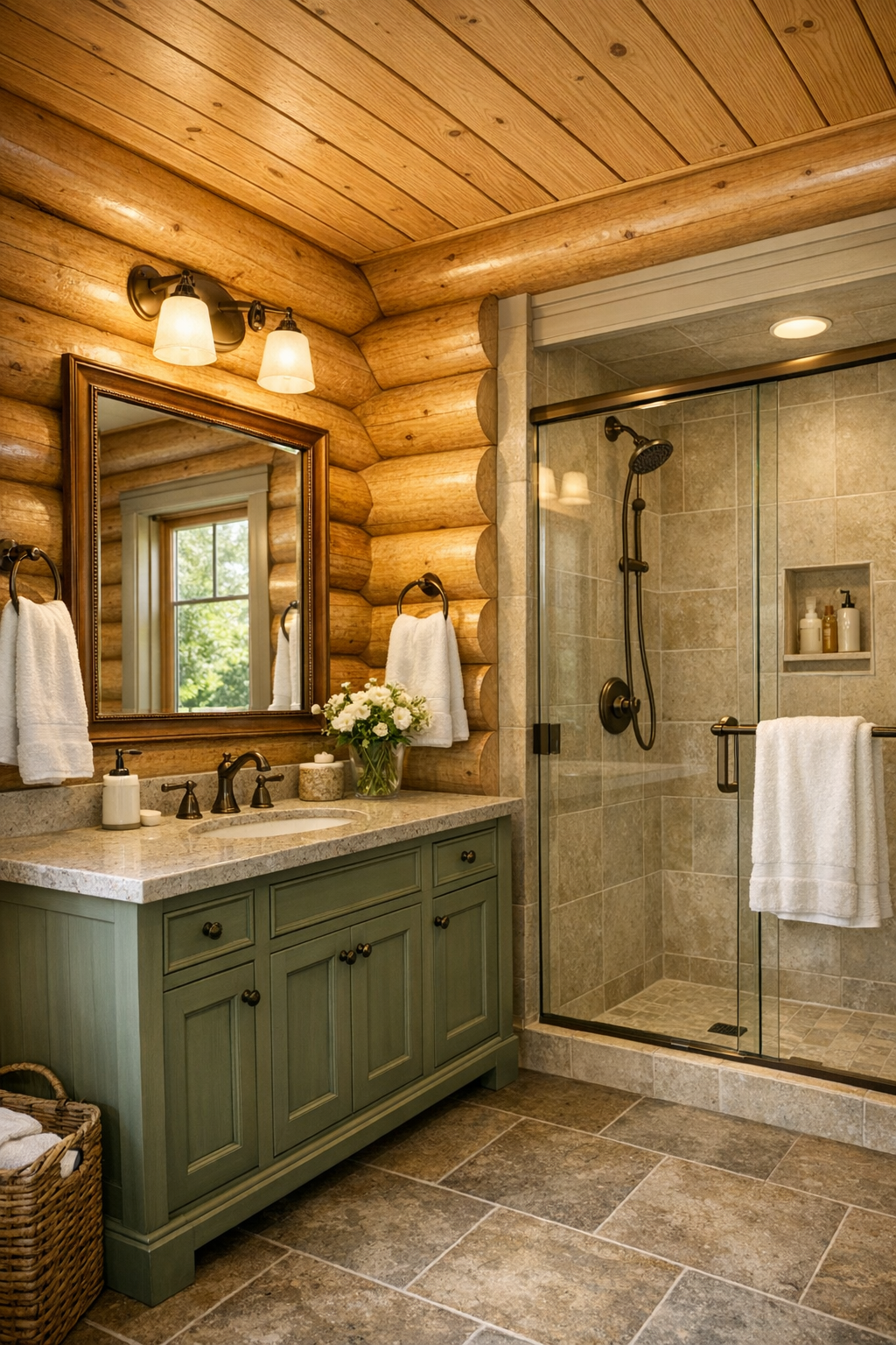 Classic rustic bathroom with stone tones and warm wood vanity