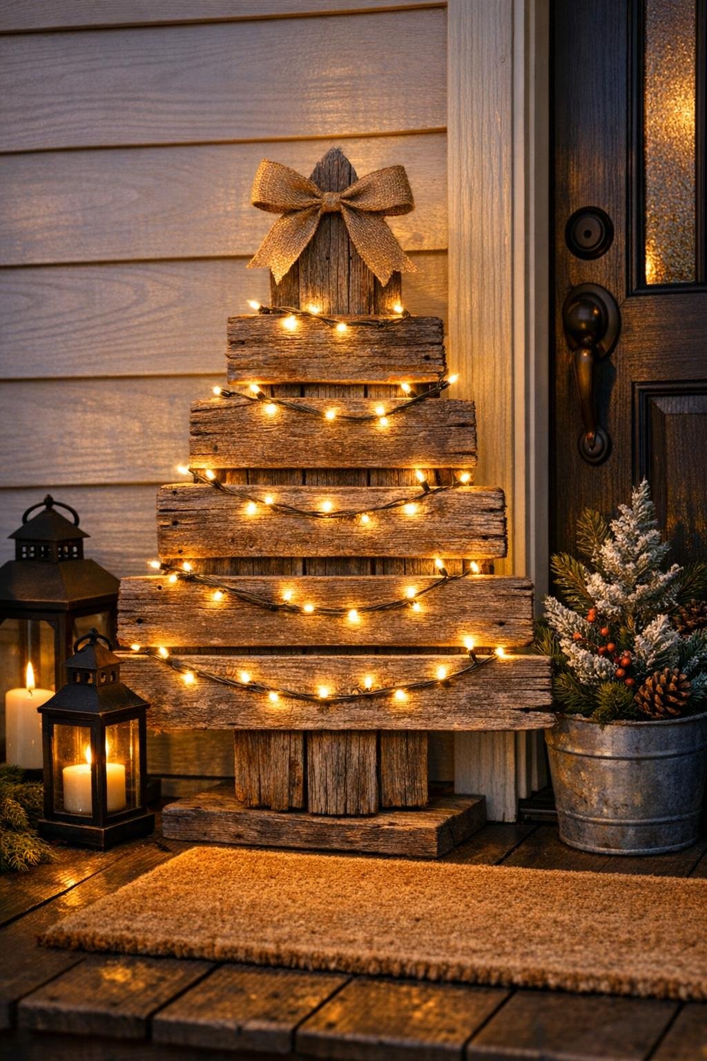 Finished porch Christmas tree made from old fence pickets with glowing lights