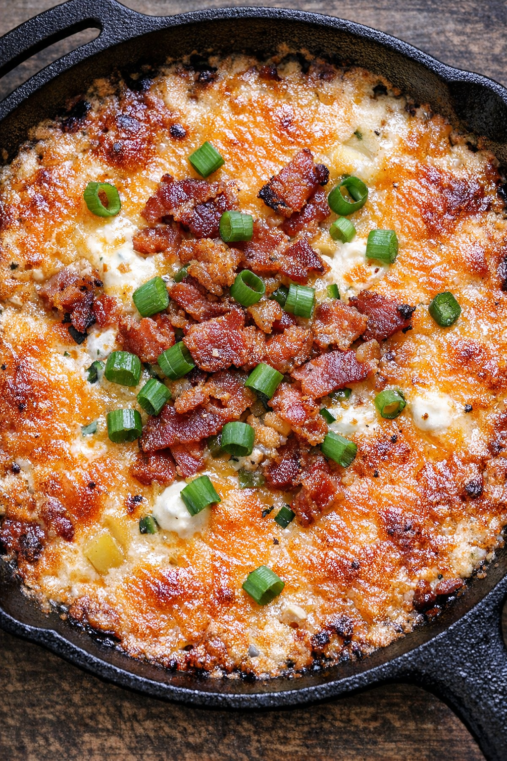 Southern loaded potato dip bubbling in a cast iron skillet