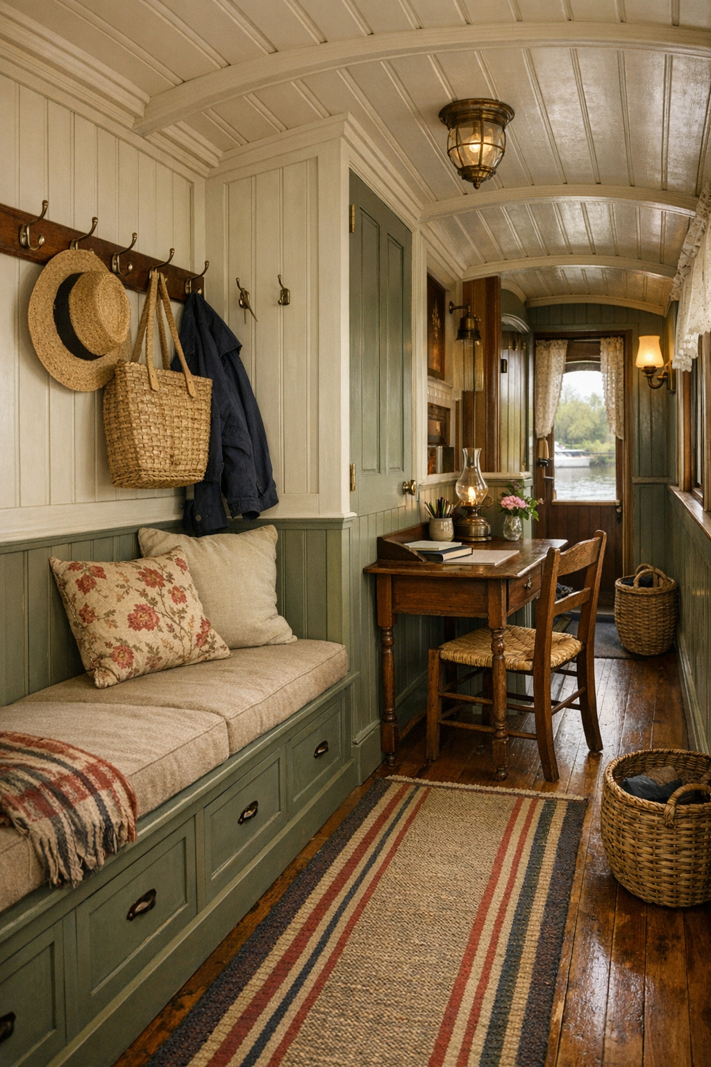 Victorian houseboat hallway and nook with painted paneling, built-in bench seating, and soft natural light