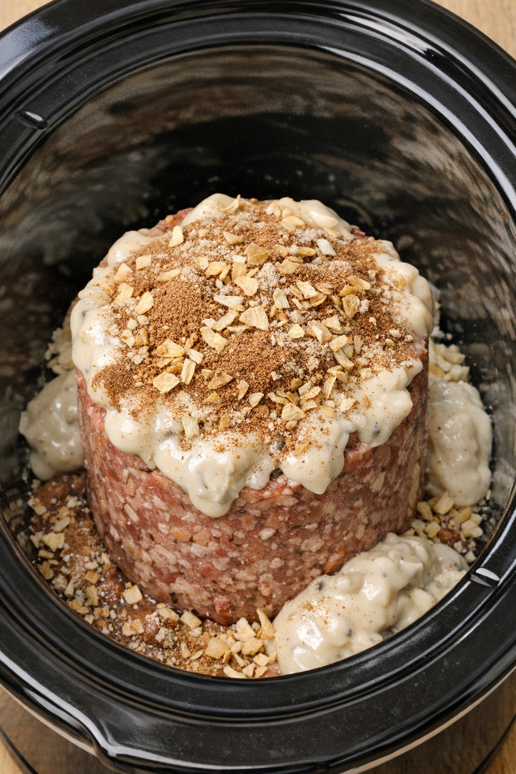 Soup and seasonings added over roast beef hash