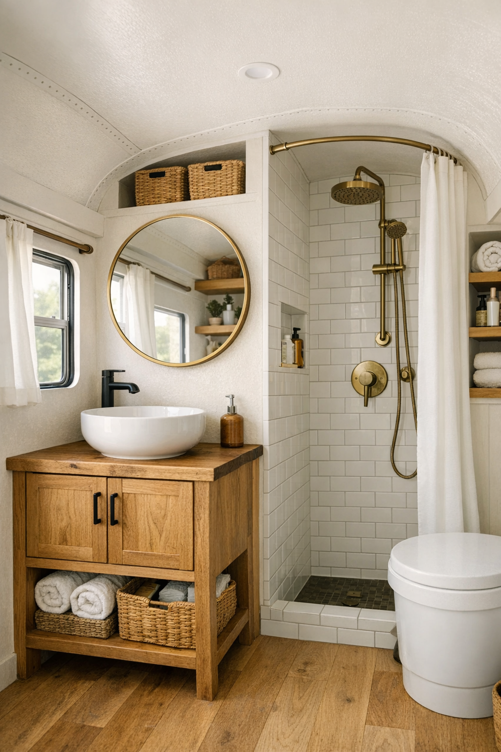 Bright compact bathroom in a converted bus with natural wood vanity and white tile shower
