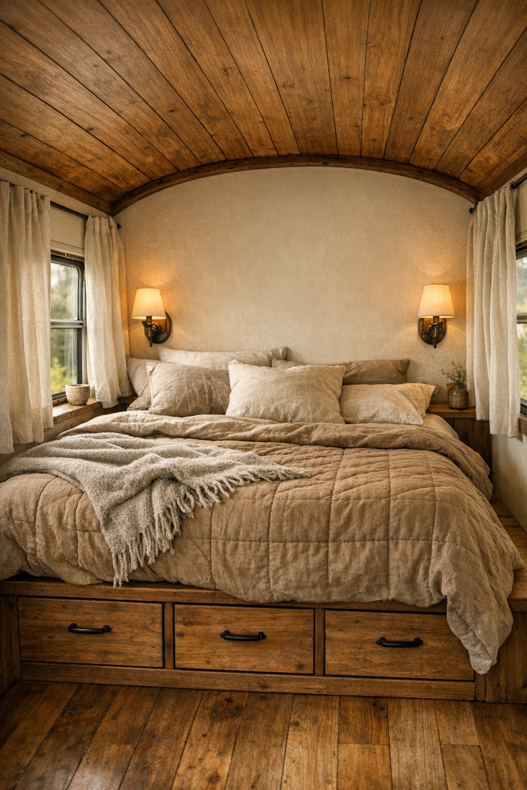 Cozy rear bedroom in a converted bus with built-in bed and linen curtains