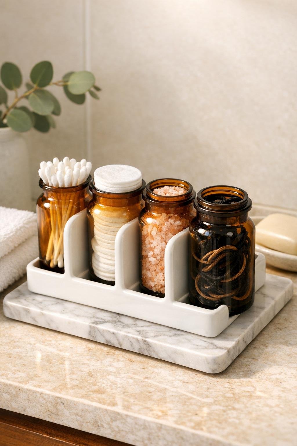 Finished bathroom vanity organizer made from amber bottles in a ceramic toast rack