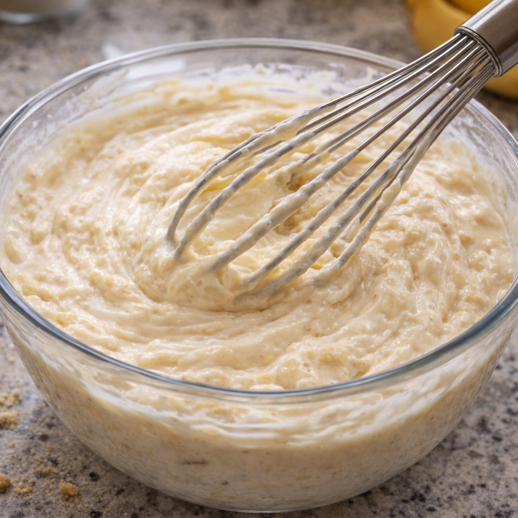 Vanilla pudding being whisked in a mixing bowl