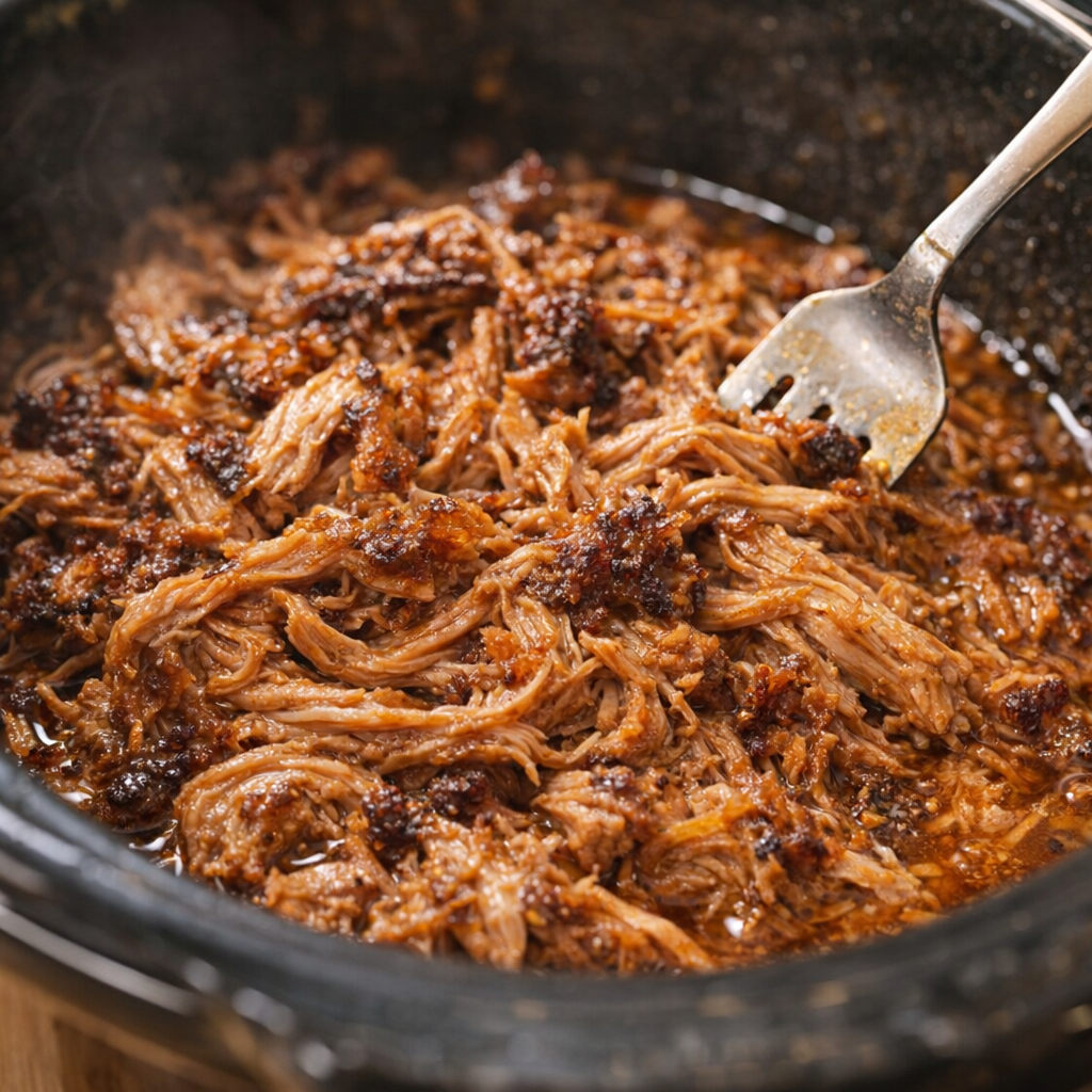 Shredded pork glistening in cooking juices