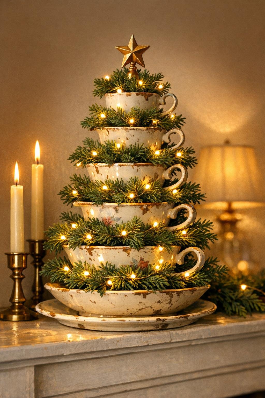 Finished teacup tiered mantel tree styled on a mantel
