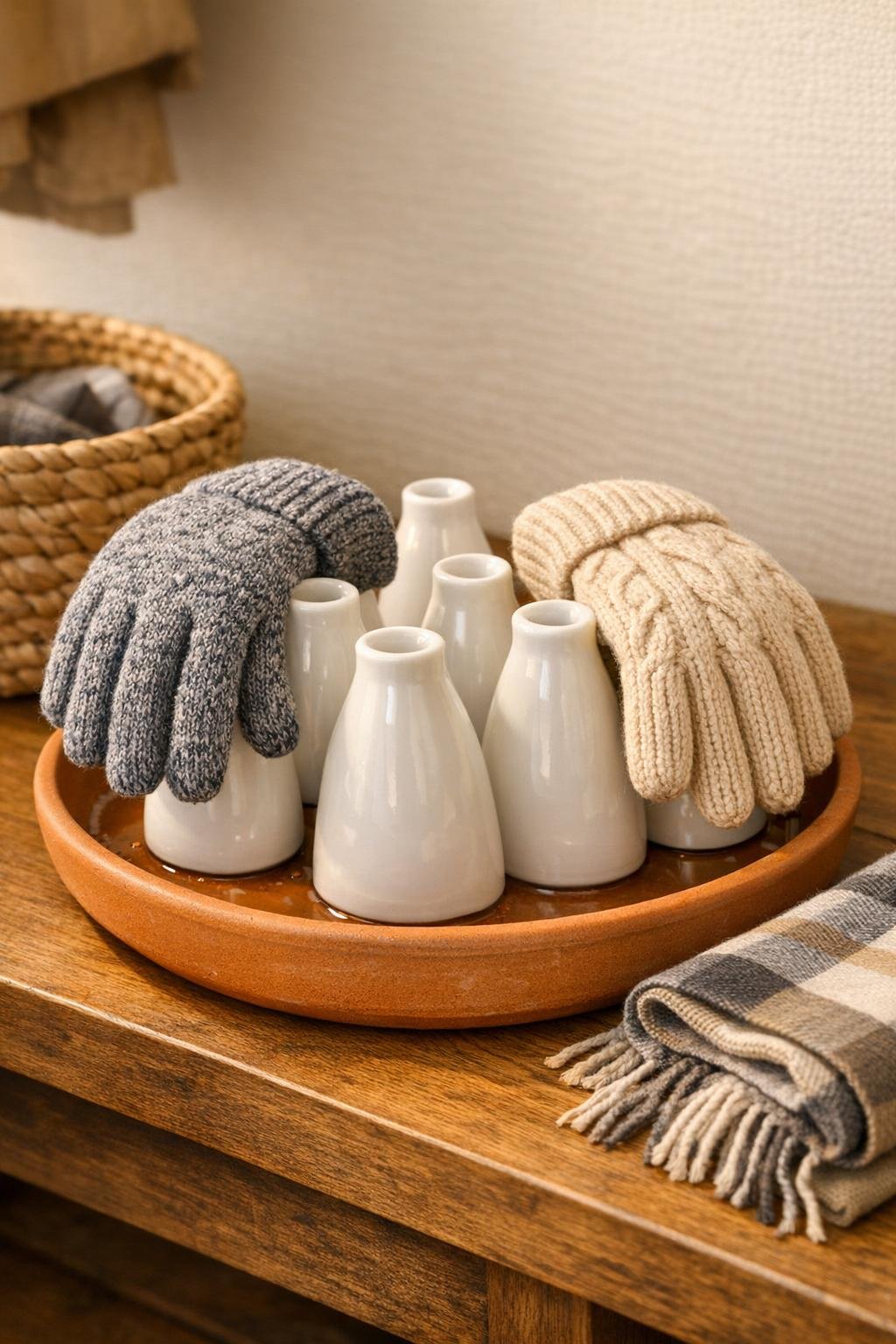 Finished DIY entryway glove dryer styled in an entryway