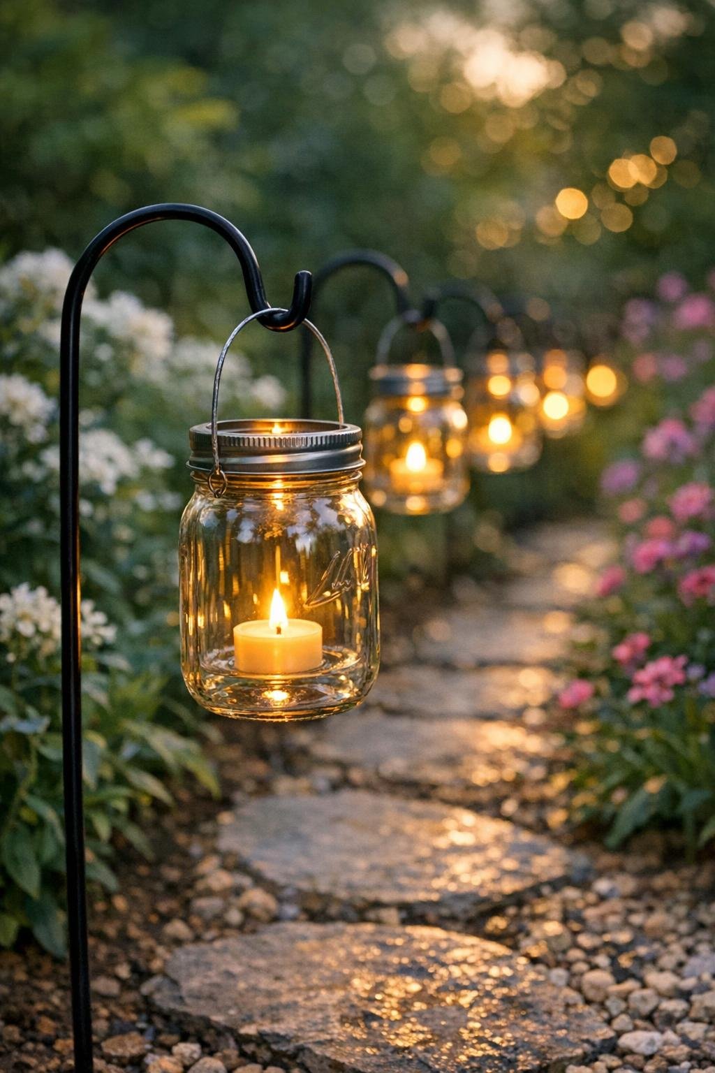 Finished garden pathway lanterns made from clear glass jars hanging on black shepherd hooks