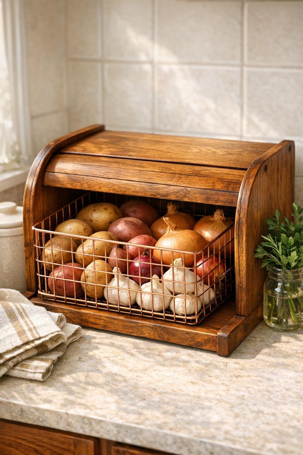 Finished kitchen produce bin made from a bread box and copper wire basket
