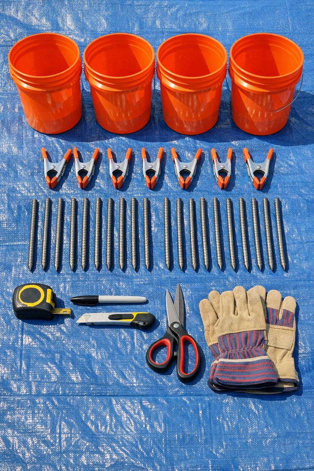 Materials laid out for bucket garden cover clamps