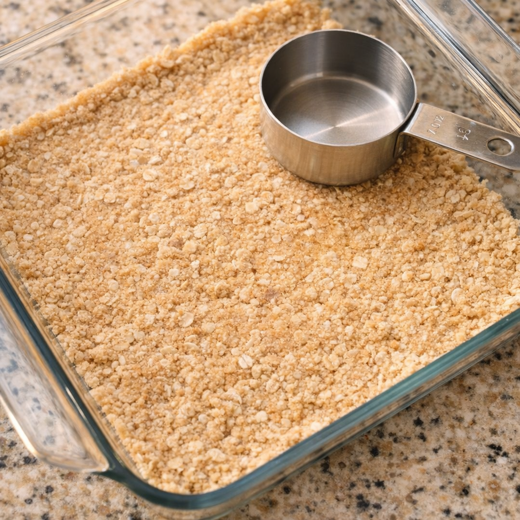 Oat mixture pressed into a glass baking dish for the crust