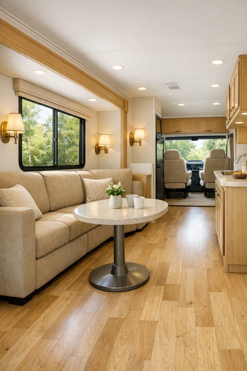 Bright accessible RV living room with oat sofa, pale oak flooring, and large windows