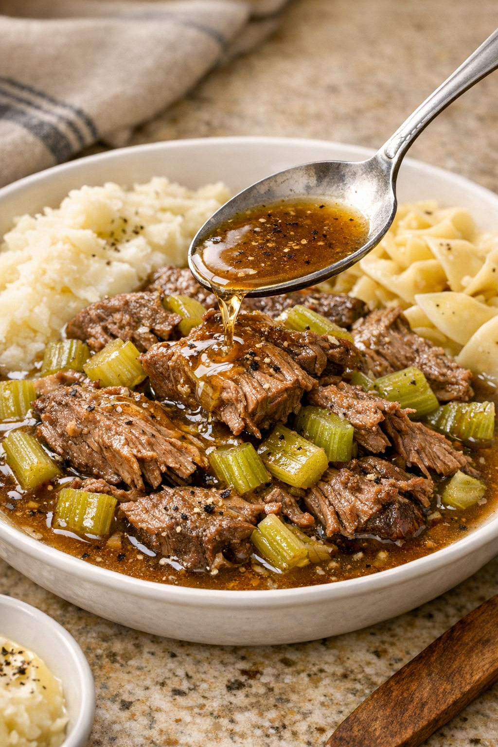 Finished Amish celery beef plated with broth and tender celery