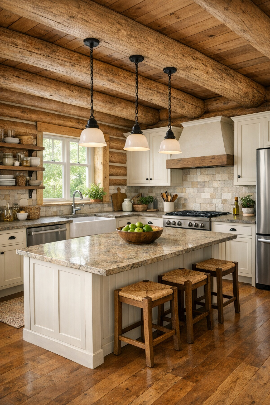 Country kitchen with cream cabinetry, rustic island, farmhouse sink, and oak log walls