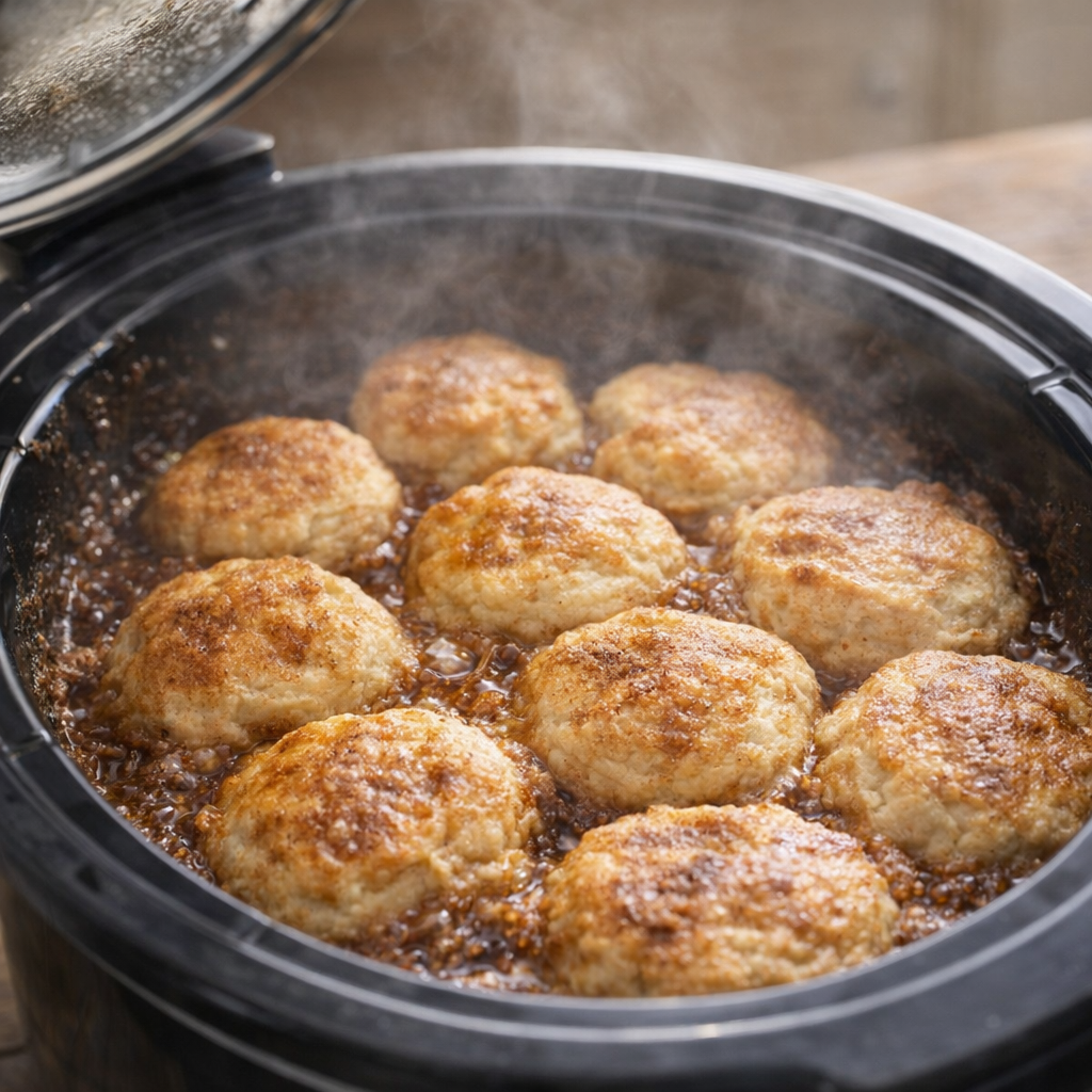Finished biscuit dessert bubbling in the crockpot