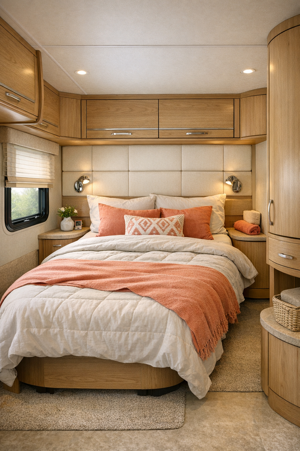 Calm RV bedroom with pale oak millwork and soft coral bedding accents