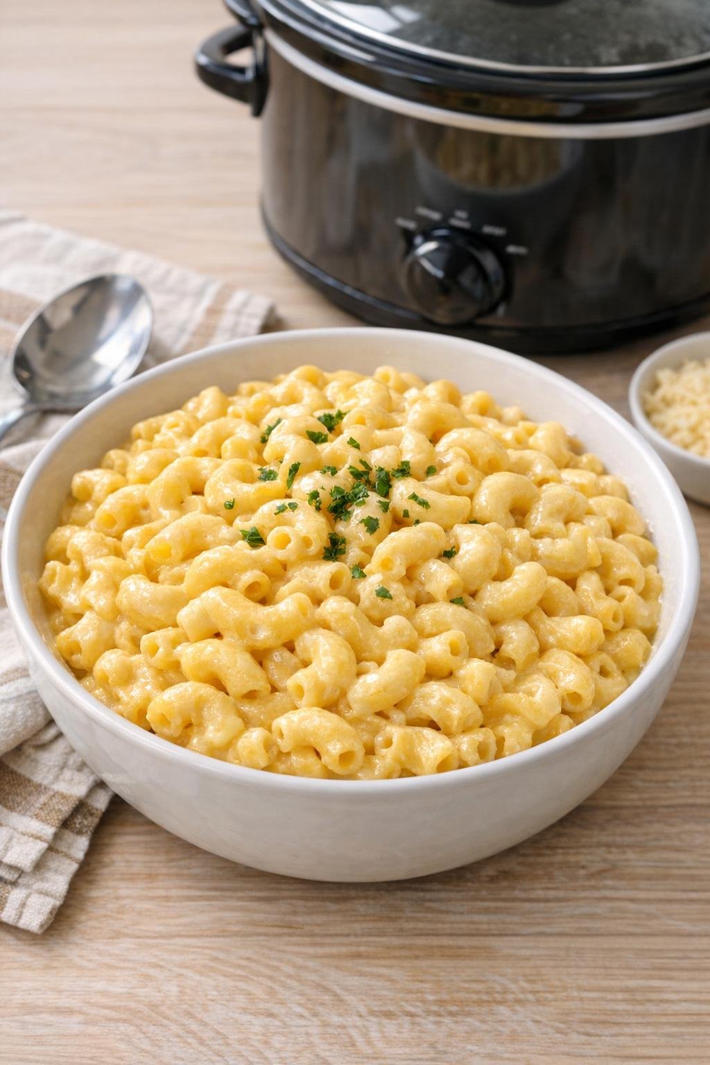 Finished creamy slow cooker elbow macaroni in a serving bowl