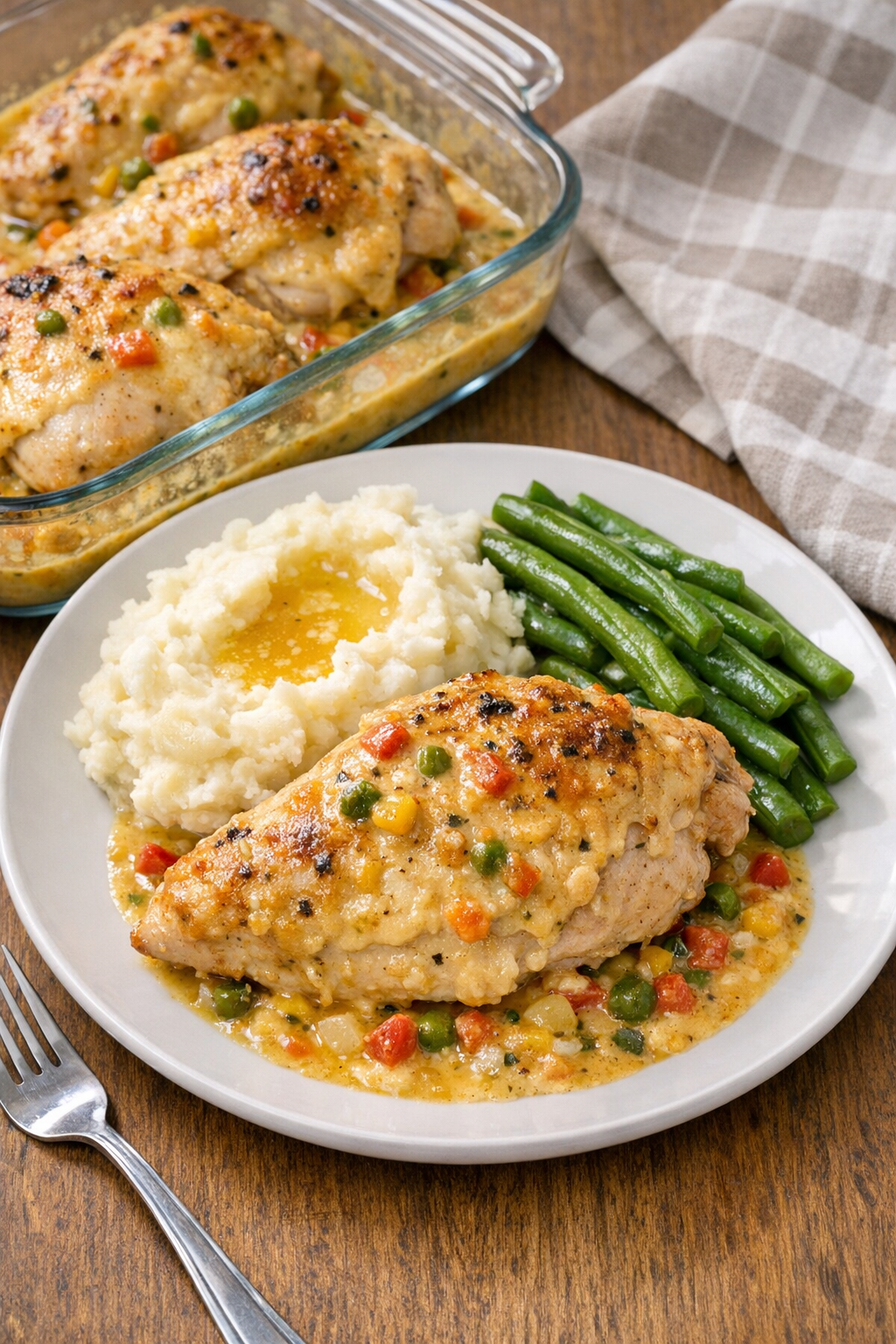 Finished baked drive-in chicken plated for dinner
