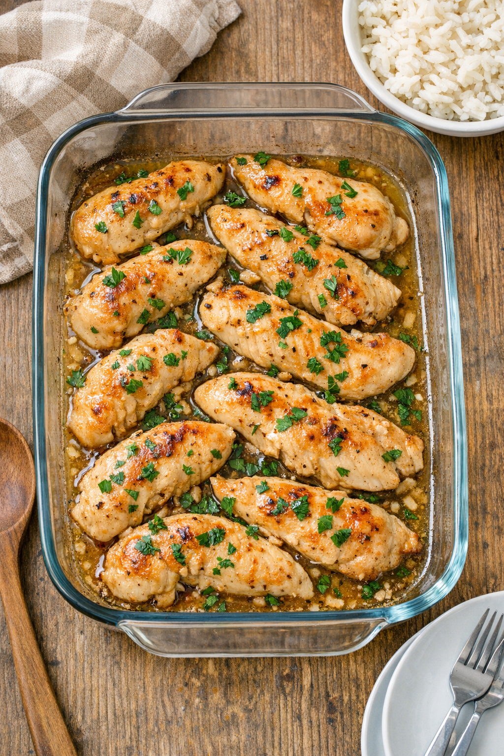 Baked chicken tenderloins in a glass casserole dish