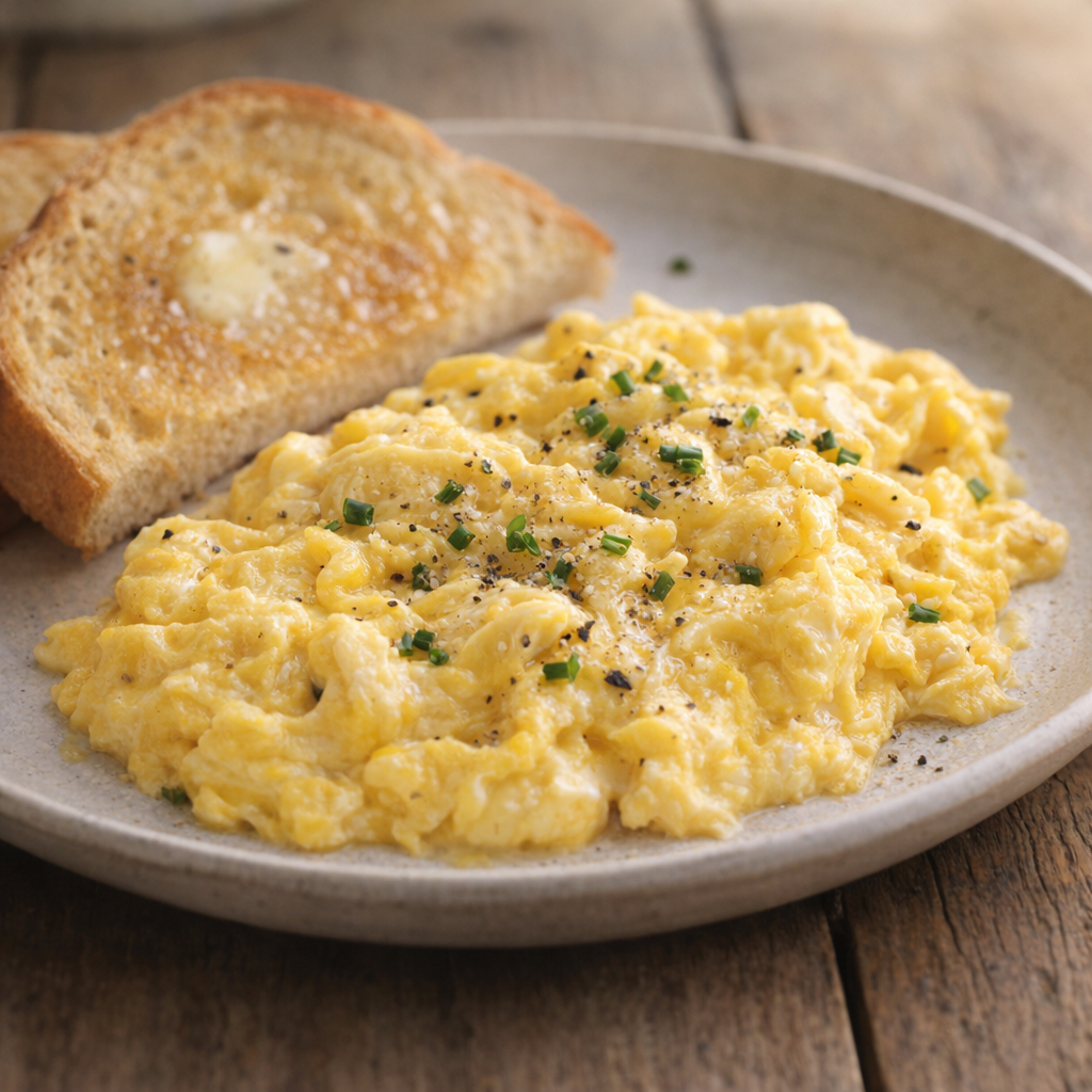 Finished mustard scrambled eggs on a plate with toast