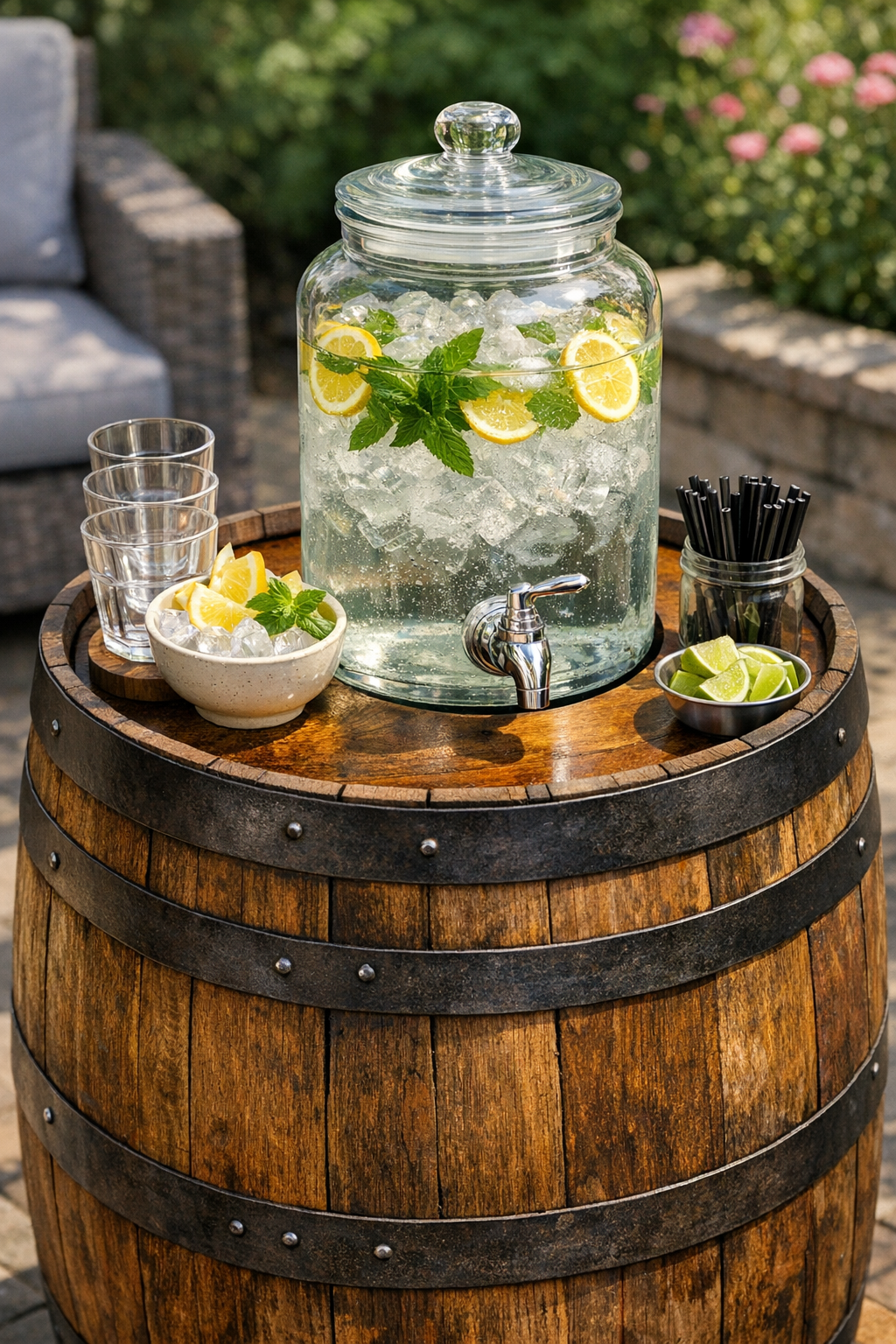 Finished wooden barrel beverage dispenser stand with glass drink jug