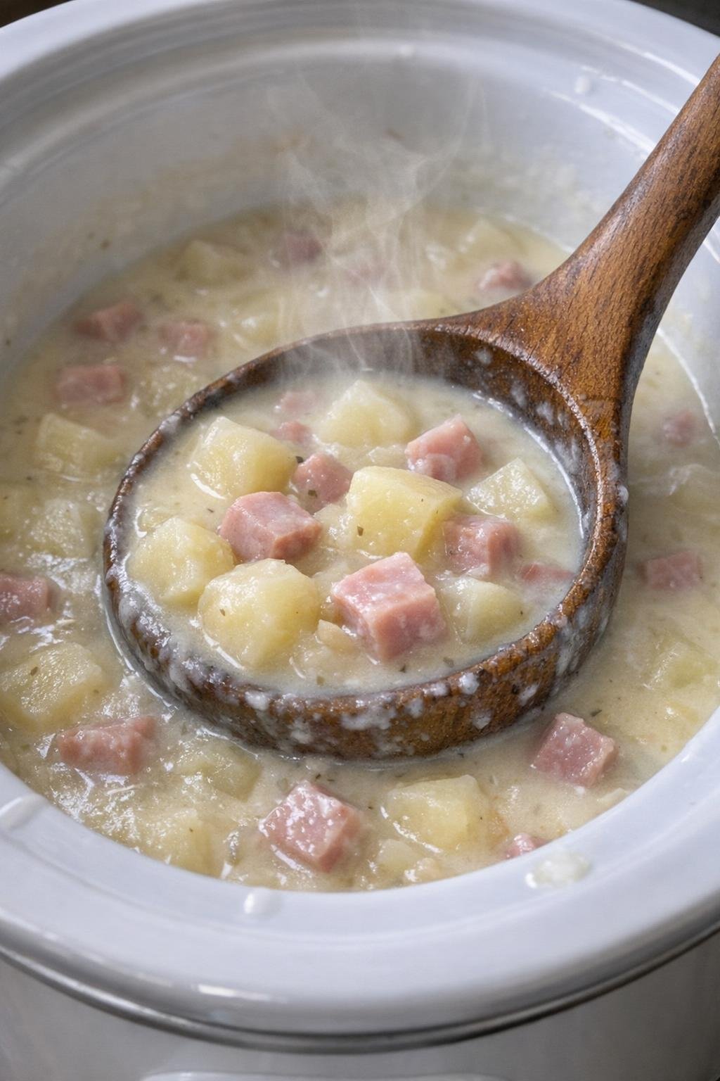 Creamy ham and potato soup in a white slow cooker crock