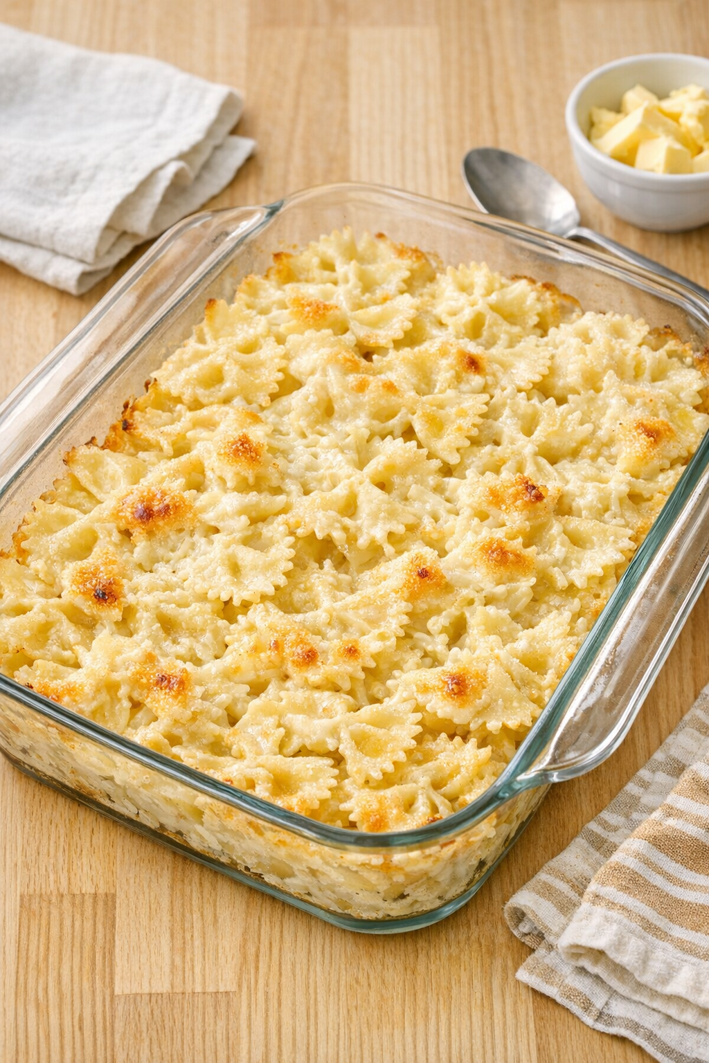Finished baked farmer's cheese bow tie pasta in a glass baking dish