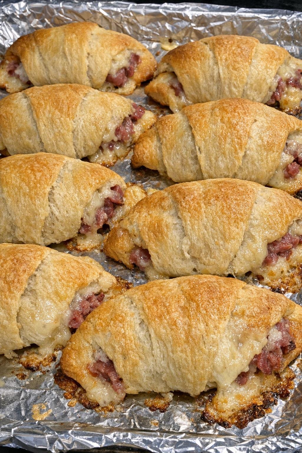Flaky golden crescent turnovers with corned beef and melted muenster cheese on a foil-lined baking sheet