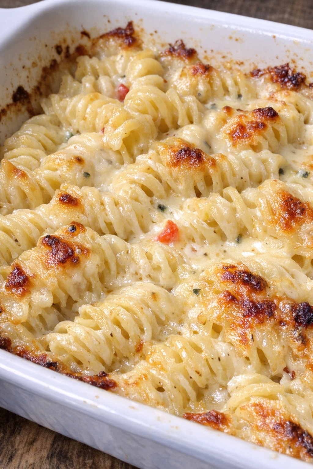 Creamy baked pepper jack rotini in a white casserole dish