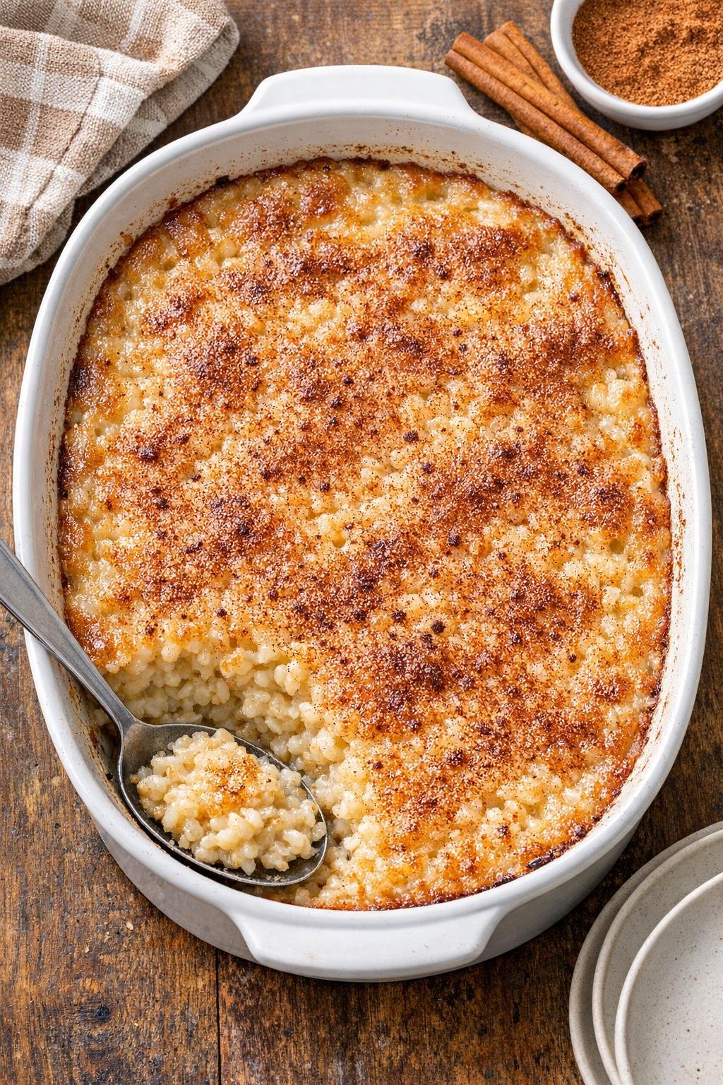 Finished baked barley dessert in a ceramic casserole dish