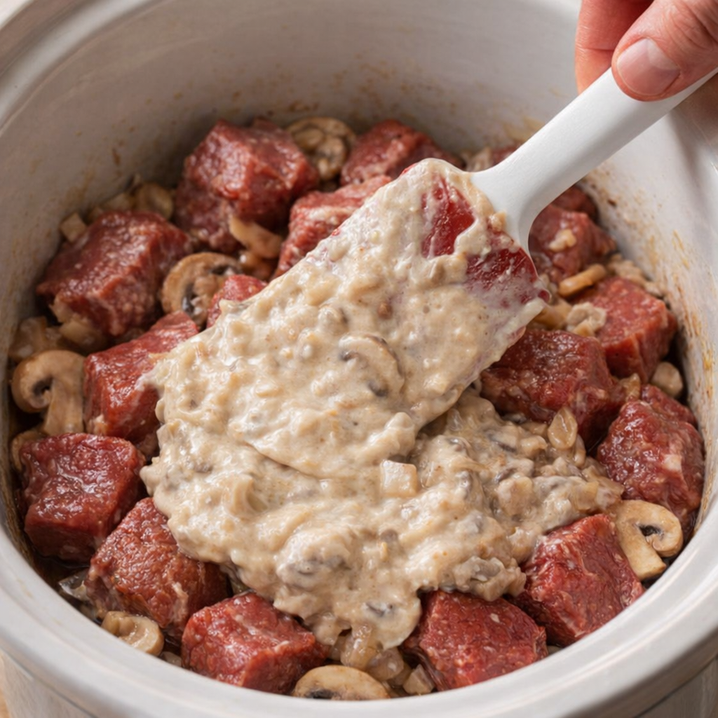 Een dikke champignonsoepmix wordt over het rundvlees in de slowcooker uitgesmeerd.