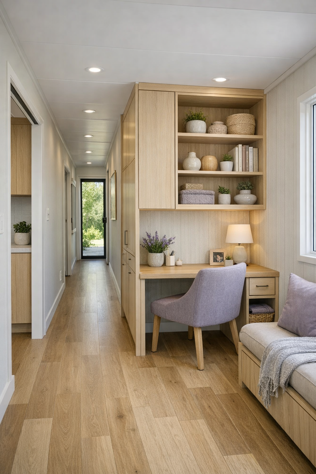Bright hallway and multipurpose nook with built-in storage and pale wood desk