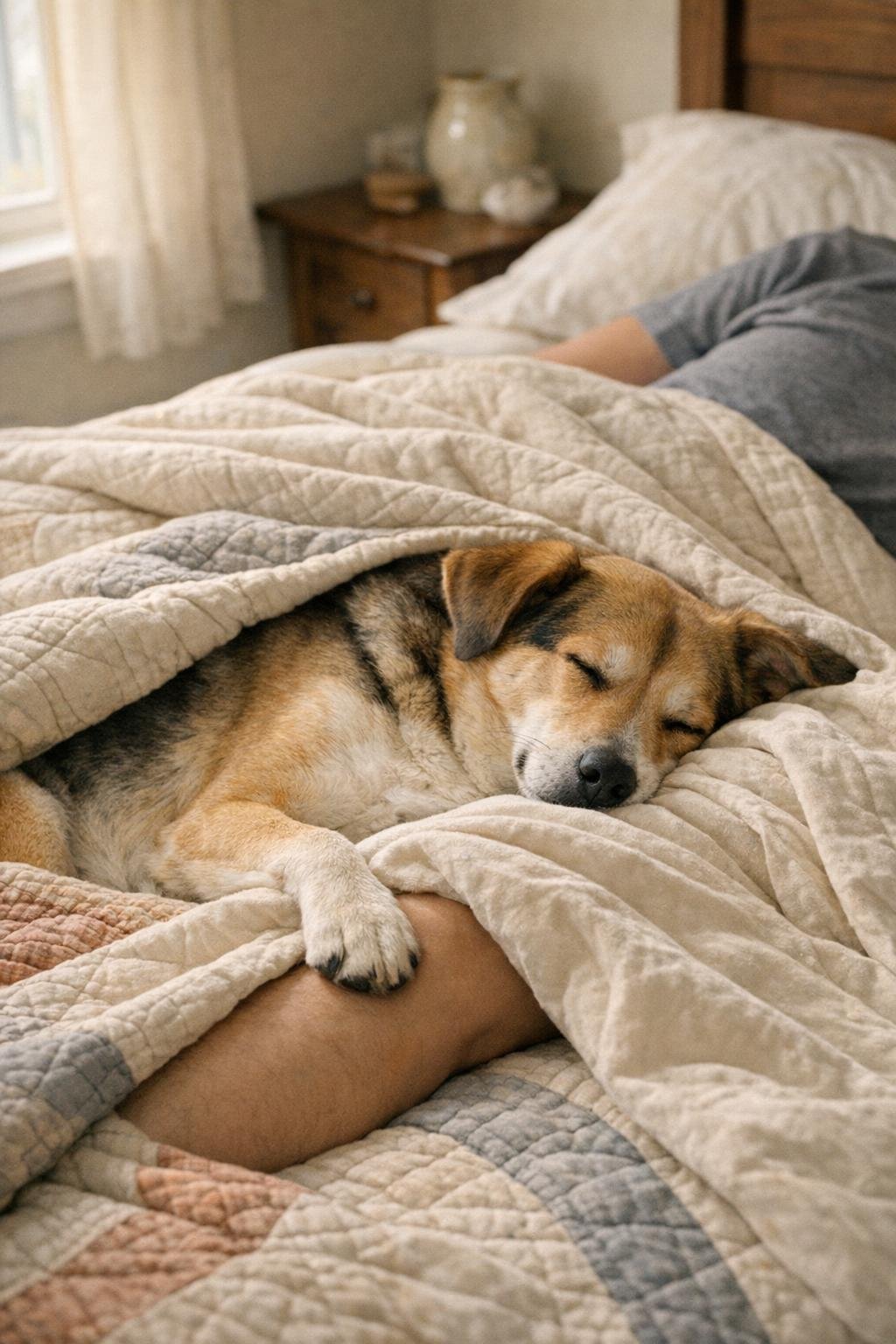 Dog sleeping with a paw touching its owner's leg