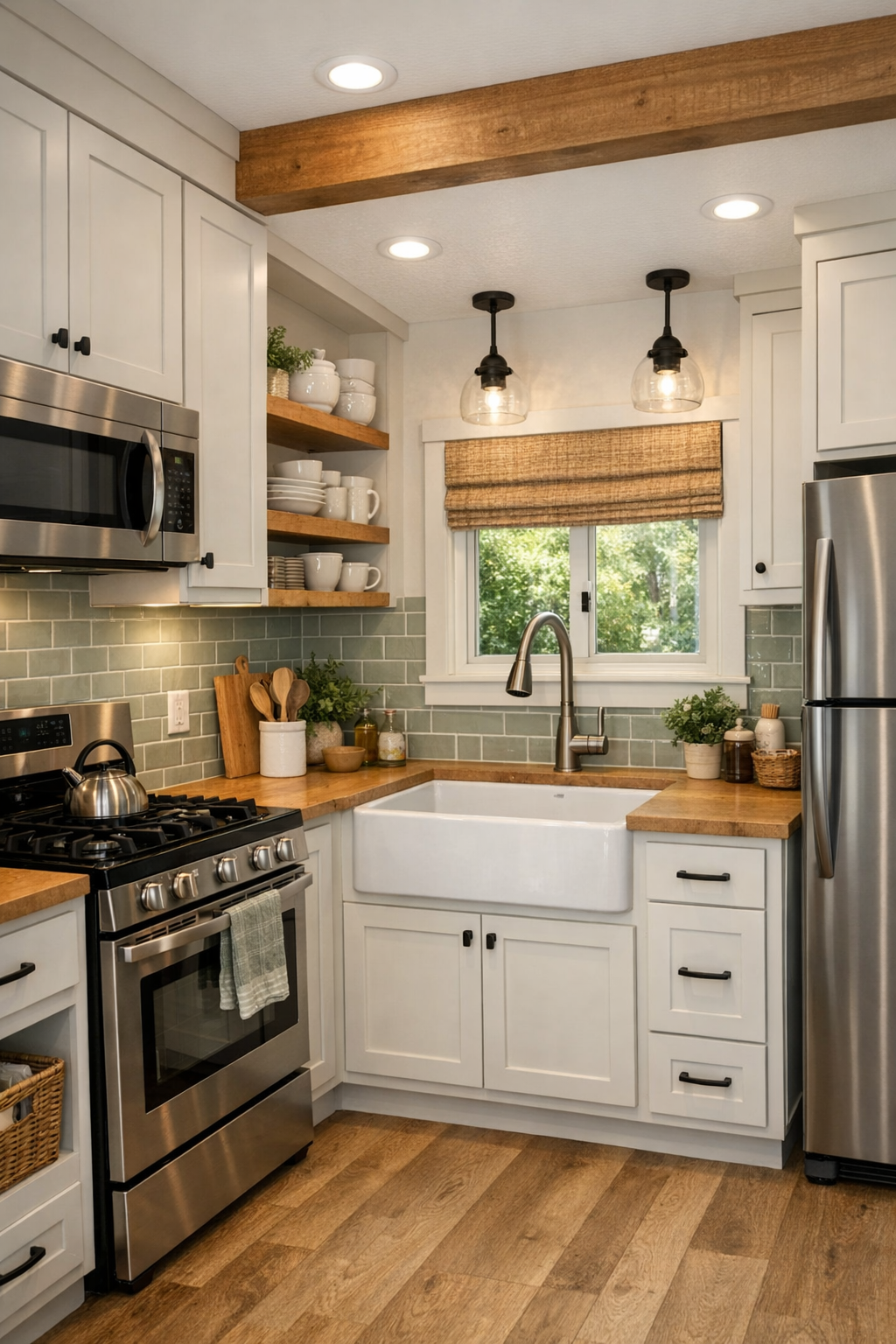 Compact cottage kitchen with light cabinetry, wood counters, and sage green details