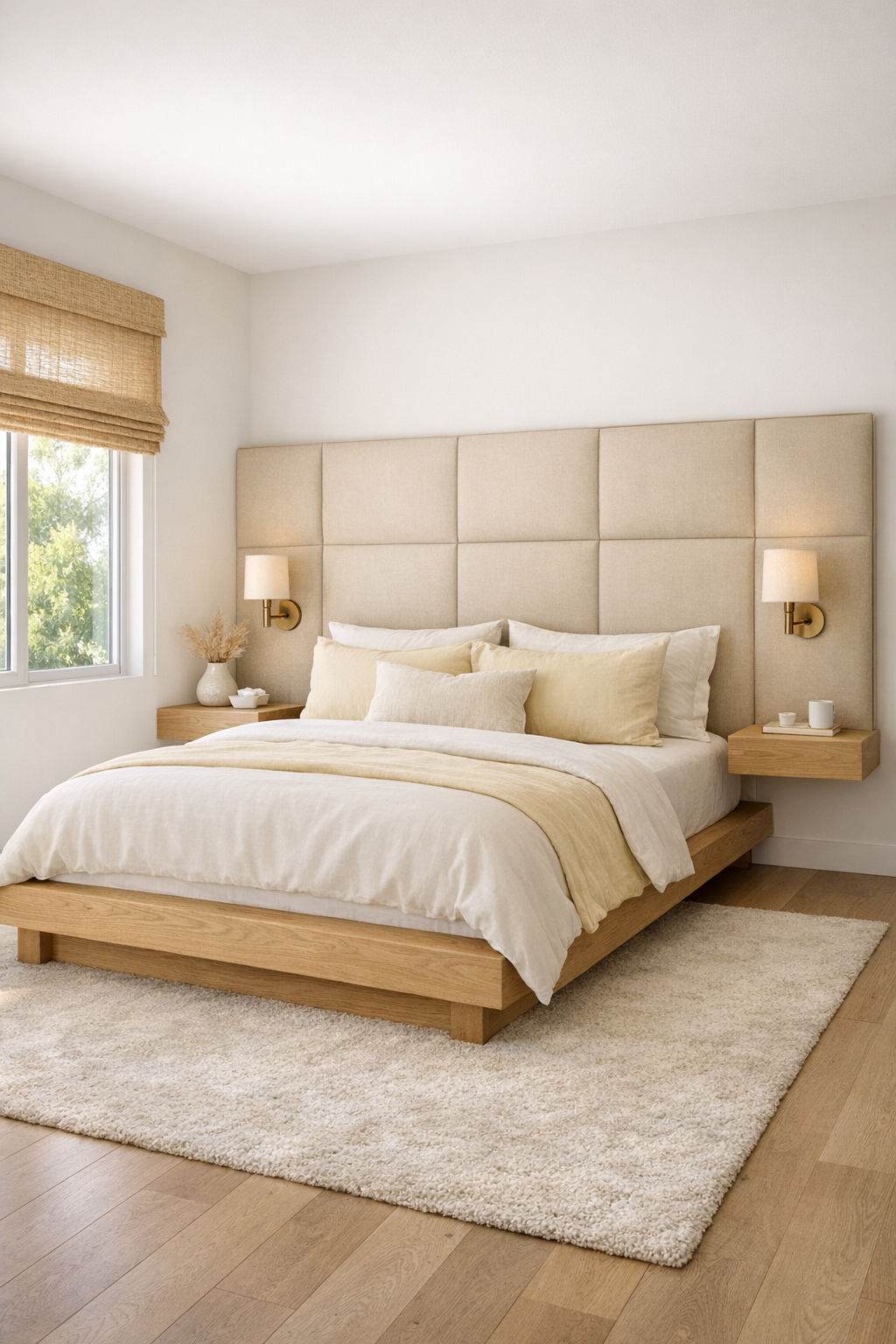 Calm bedroom with light wood bed, buttercream bedding, and soft woven textures