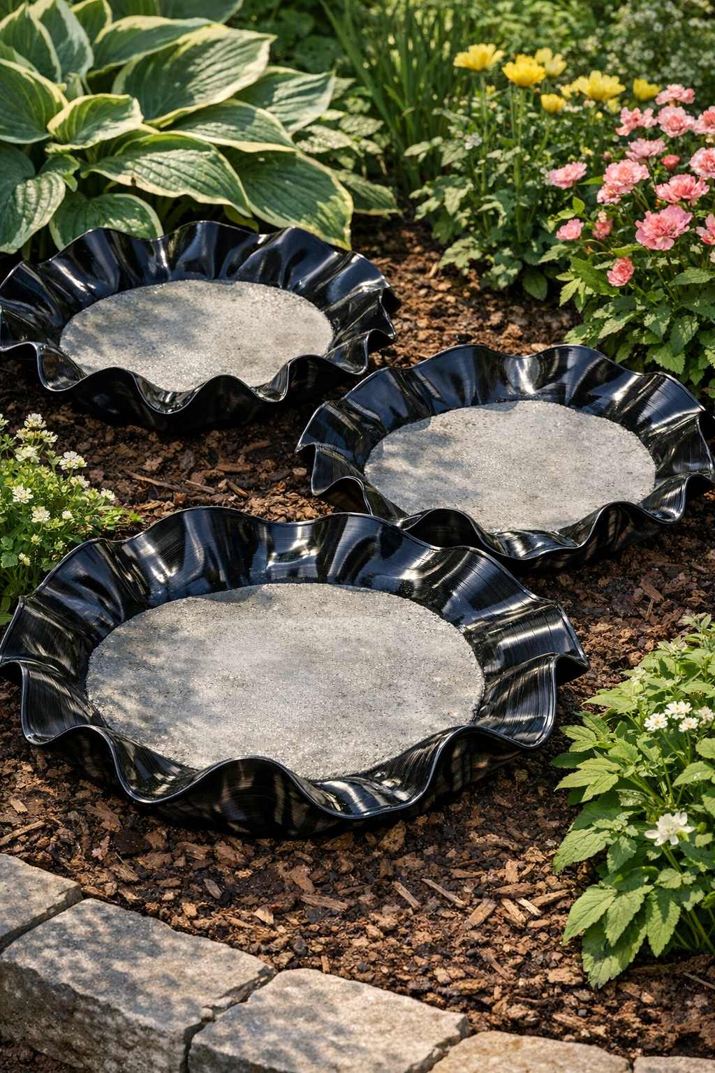 Finished heavy ruffled yard basins made from warped vinyl records and cement in a garden setting