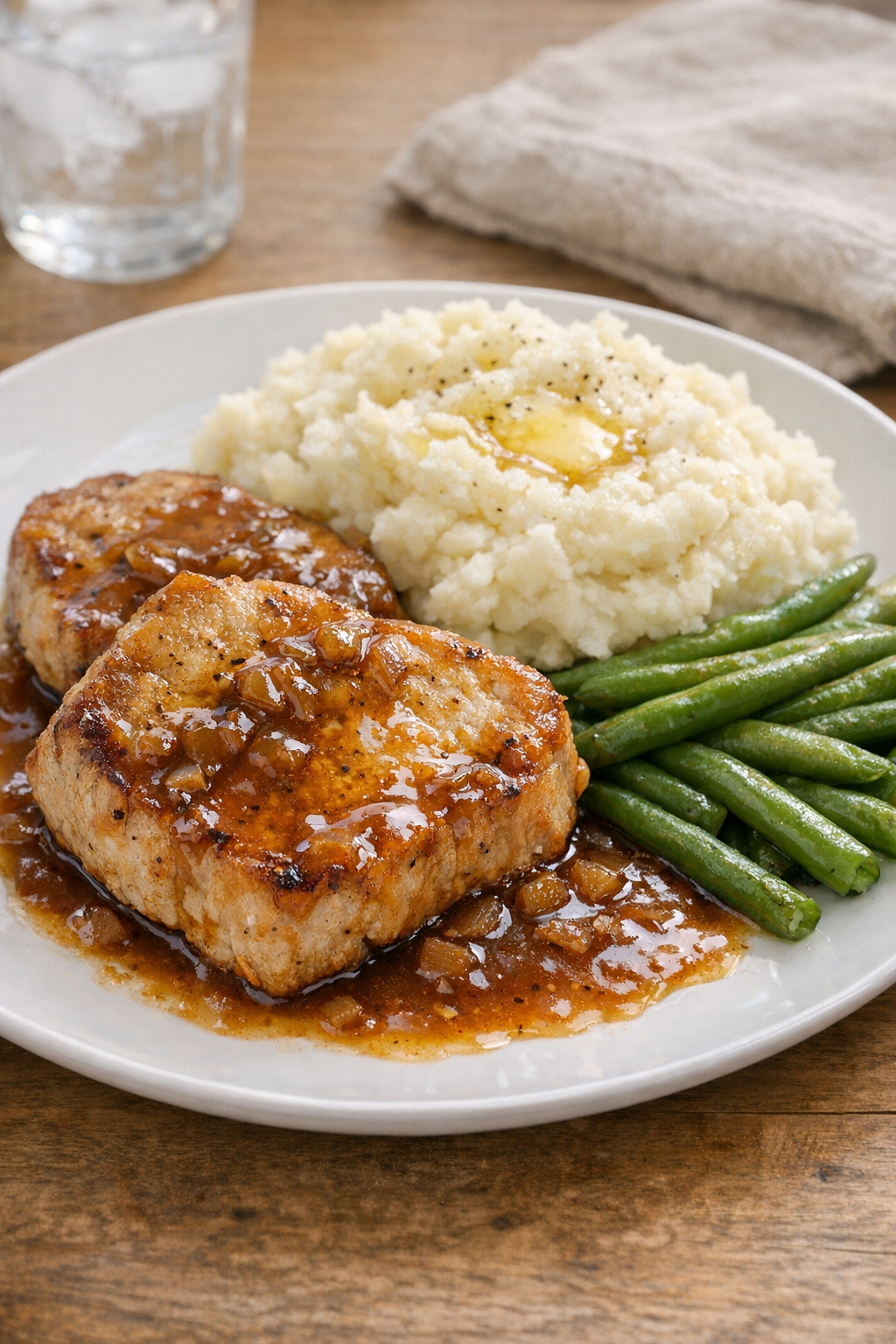 Finished slow cooker pork loin chops plated with sauce