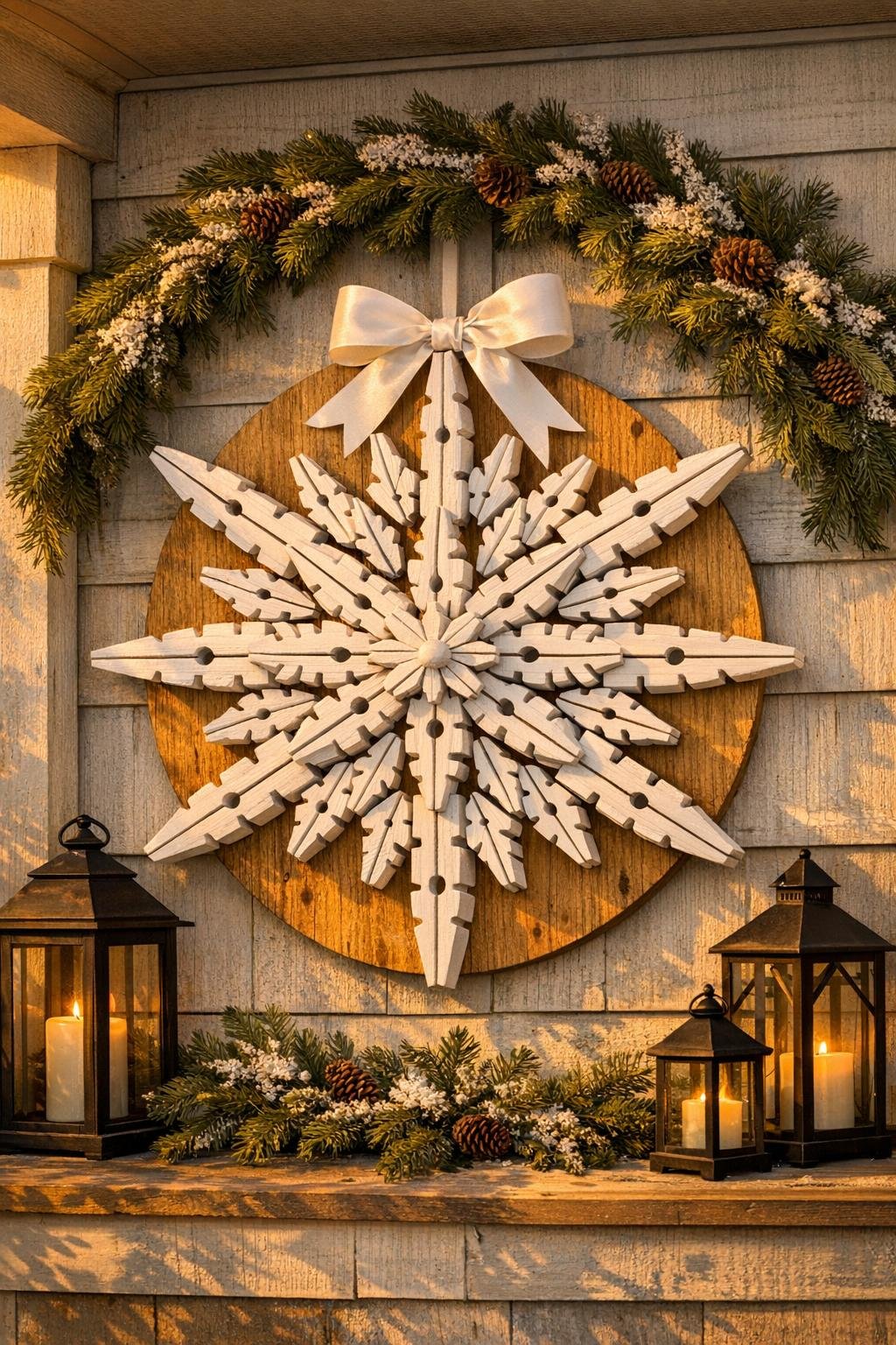 Finished giant clothespin porch snowflake hanging by a front door