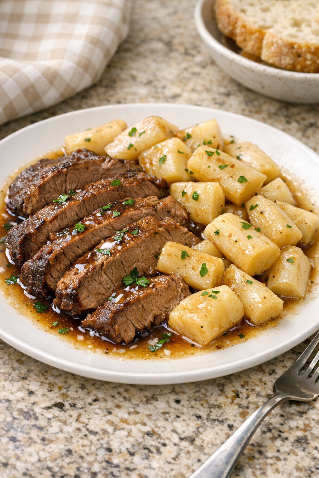 Finished Amish parsnip beef plated for dinner