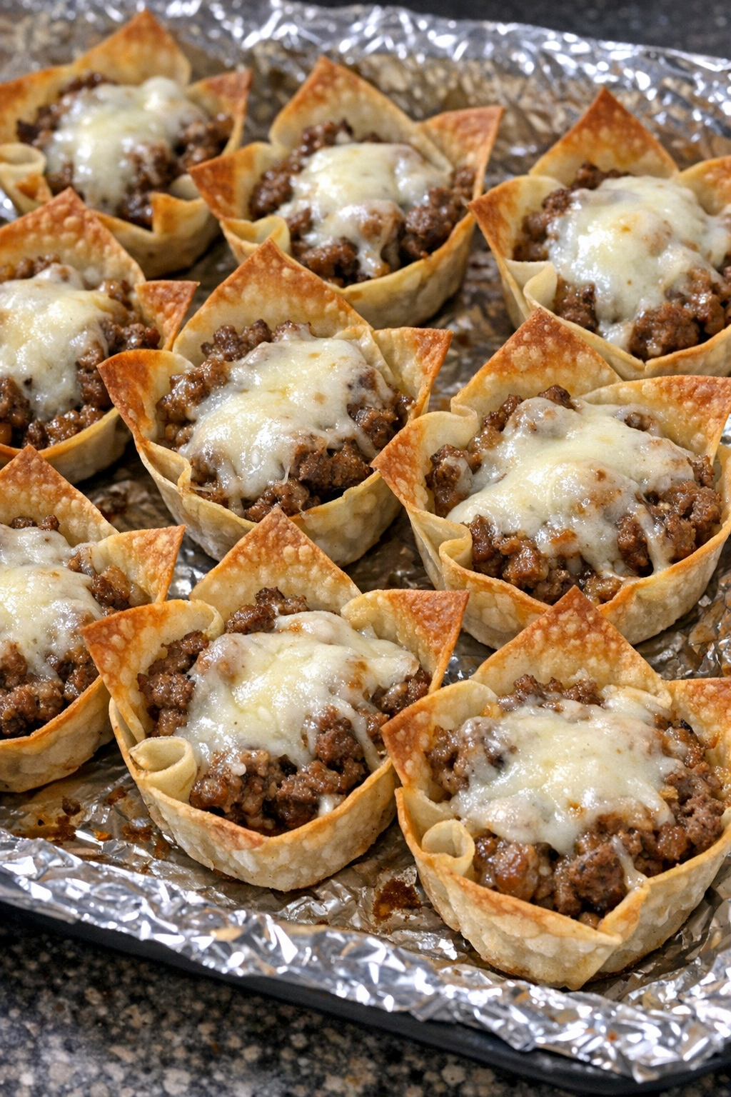 Close-up of finished beef wonton cups
