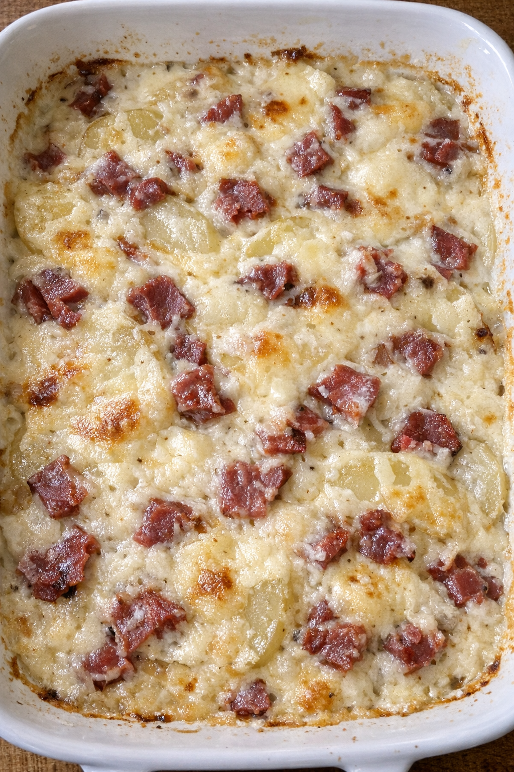 Layered potato casserole with dried beef and creamy white sauce in a white casserole dish