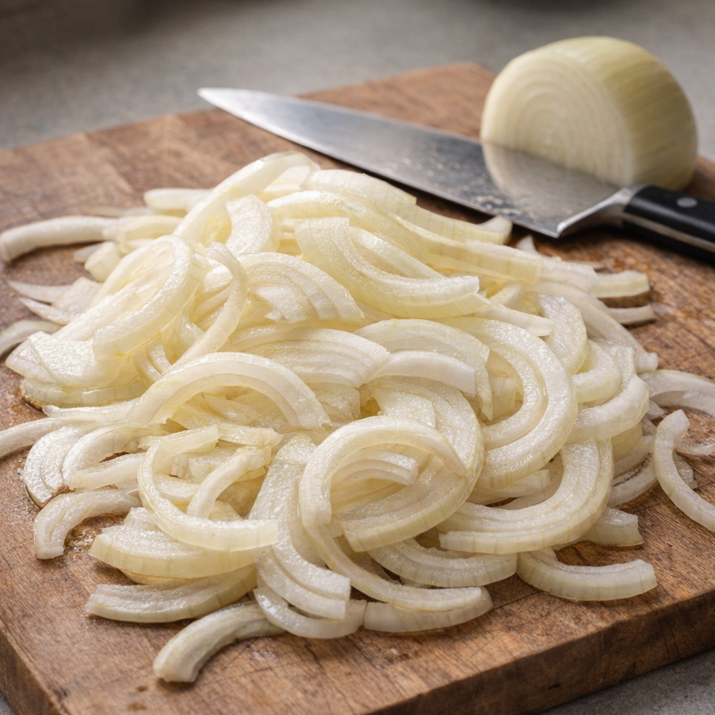 Thinly sliced yellow onions on a cutting board