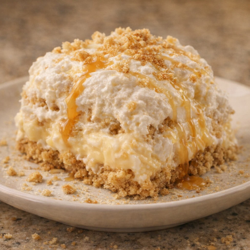 Messy scoop of butterscotch lush on a dessert plate
