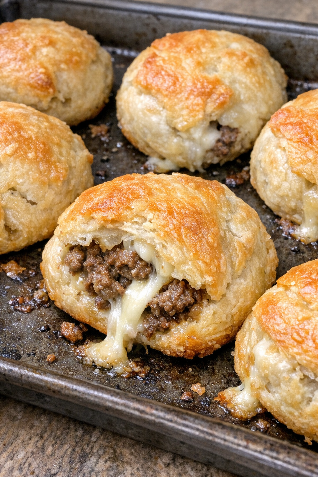 Finished beef biscuit bites with golden tops and melted cheese