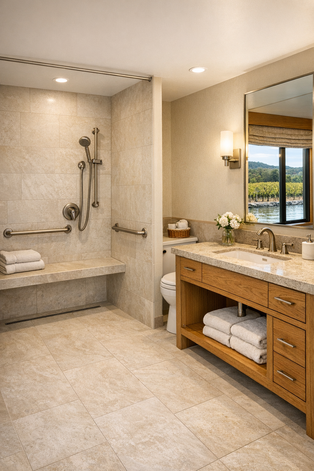 Spa-like accessible bathroom with curbless shower and oak vanity in a wine country houseboat