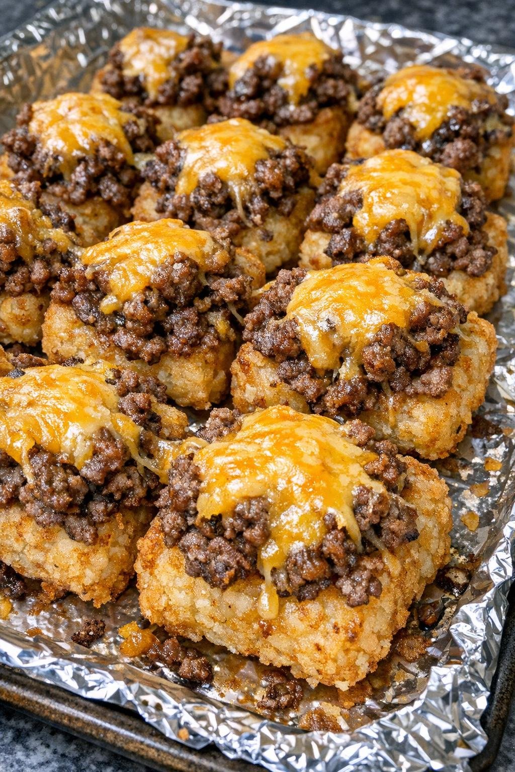Oven baked beef tater tot bites with melted cheddar