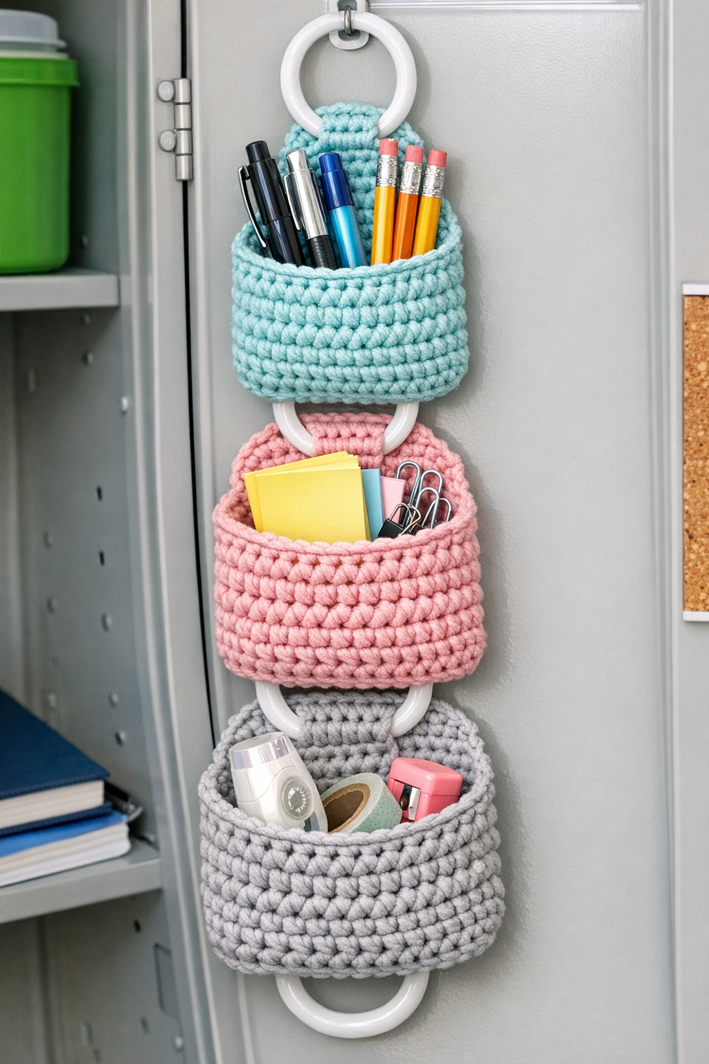 Finished crochet locker organizer made with shower curtain rings